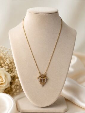 Gold Tone Geometric Pendant Necklace Clear Rhinestone Elegant Statement Jewelry
